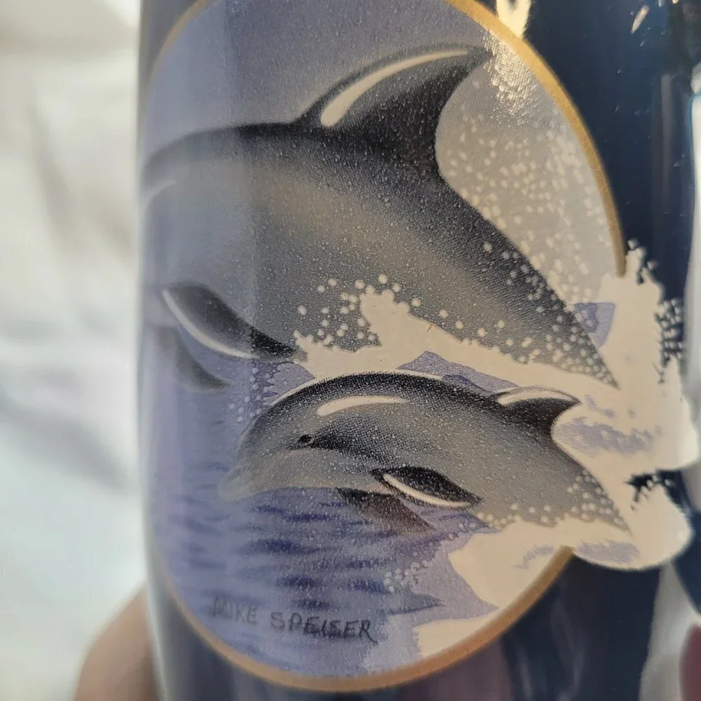 Vintage Otagiri Sunrise Publications Blue ceramic Dolphin Mug Coffee Cup Japan